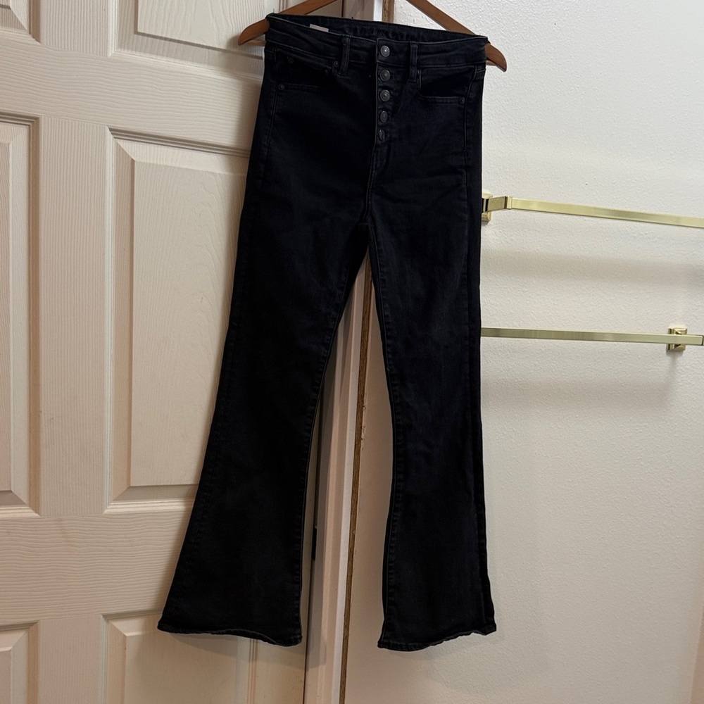 American Eagle Outfitters Black Button-Front High-Rise Flare Jeans